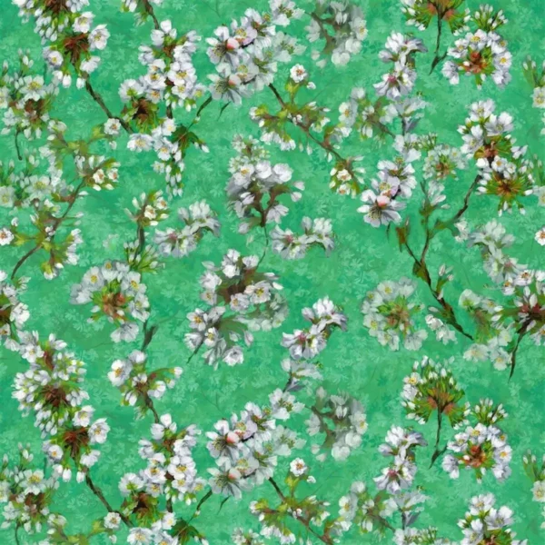 Fleur D'assam Fabric - Emerald by green botanical cotton fabric from Designers Guild