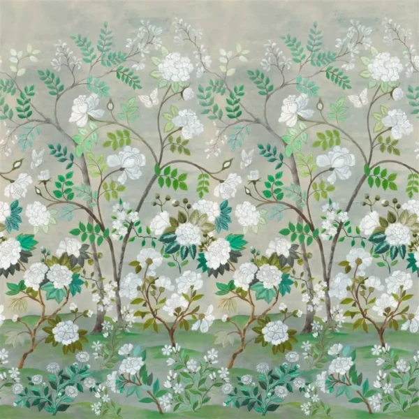 Fleur Orientale Fabric - Celadon by green botanical linen fabric from Designers Guild