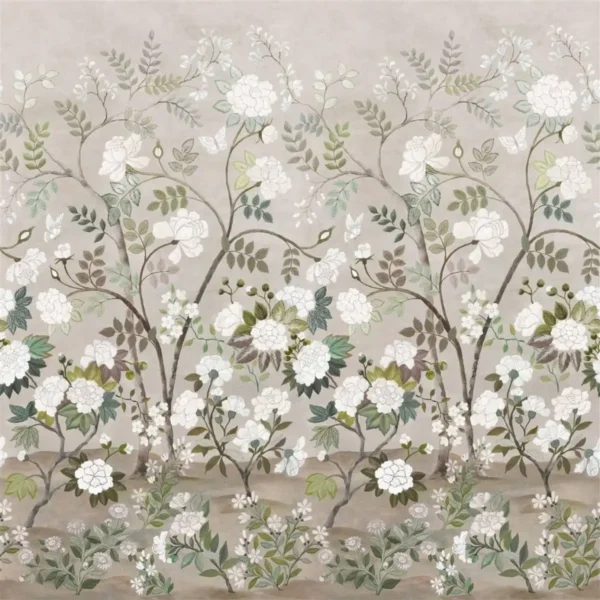 Fleur Orientale Fabric - Pale Birch by neutral botanical linen fabric from Designers Guild