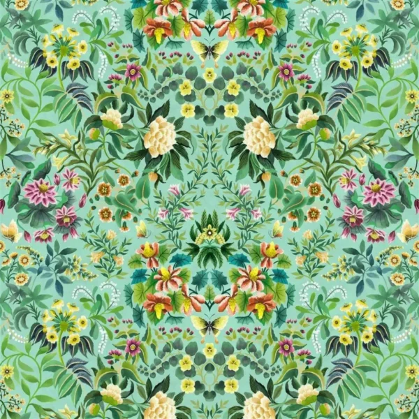 Ikebana Damask Fabric - Aqua by green botanical cotton fabric from Designers Guild