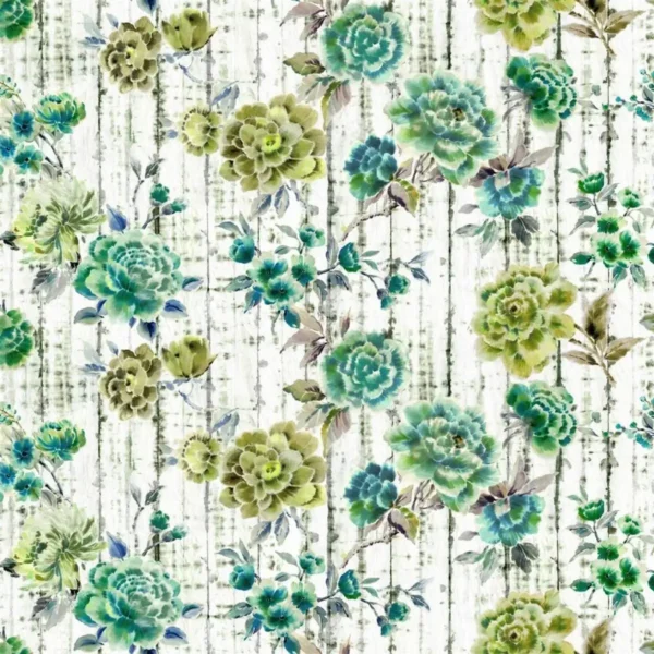 Kyoto Flower Fabric - Jade by green botanical cotton fabric from Designers Guild