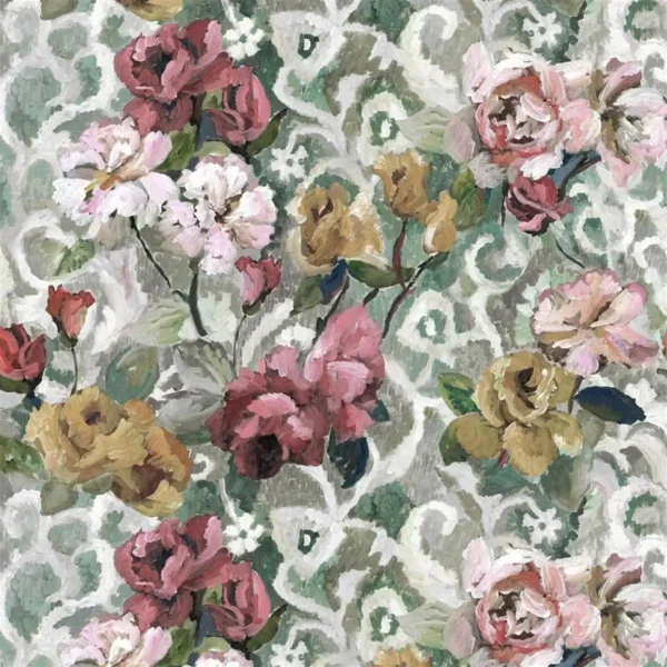 Tapestry Flower Fabric - Eau de Nil by multicolour botanical linen fabric from Designers Guild