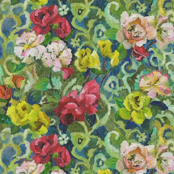Tapestry Flower Fabric - Vintage Green by multicolour botanical linen fabric from Designers Guild