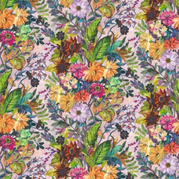 Glynde Fabric - Coral by multicolour botanical cotton fabric from Designers Guild