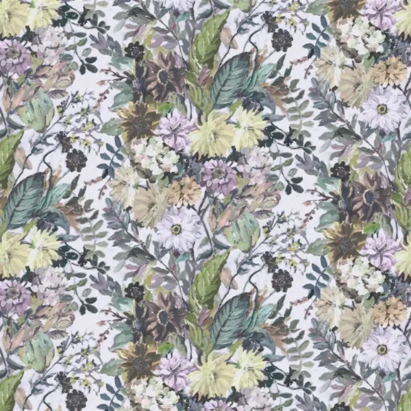 Glynde Fabric - Zinc by multicolour botanical cotton fabric from Designers Guild
