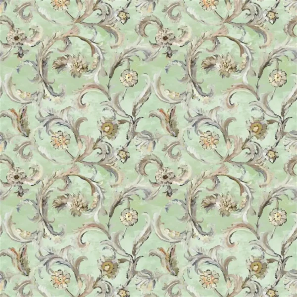 Myrtle Damask Fabric - Pistachio by green botanical cotton fabric from Designers Guild