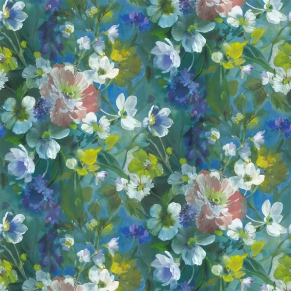 Gladys Blossom Fabric - Cobalt by multicolour botanical cotton fabric from Designers Guild