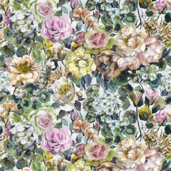 Grandiflora Rose Fabric - Dusk by multicolour botanical cotton fabric from Designers Guild