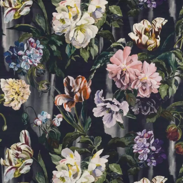 Delft Velvet Fabric - Noir by multicolour botanical velvet-chenille fabric from Designers Guild