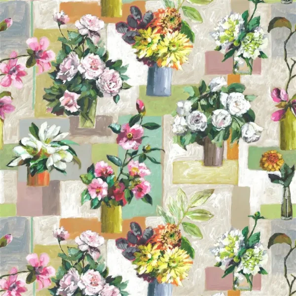 Celadon Vase Fabric - Cameo by multicolour botanical cotton fabric from Designers Guild
