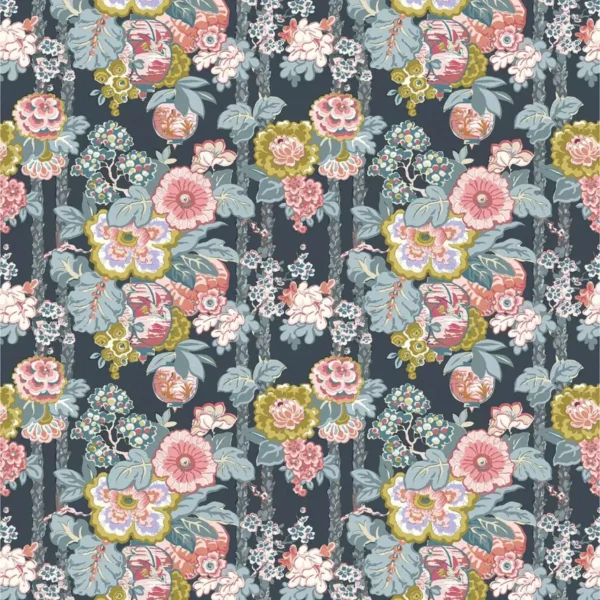 Louis Fabric - Moonlight by blue botanical linen fabric from Linwood Fabrics