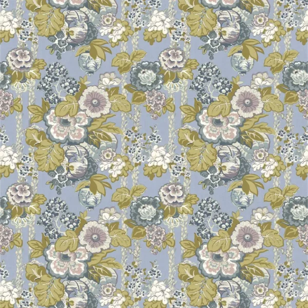 Louis Fabric - Dusk by blue botanical linen fabric from Linwood Fabrics