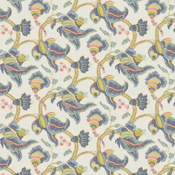 Perdana Fabric - Citrine by blue botanical linen fabric from Linwood Fabrics
