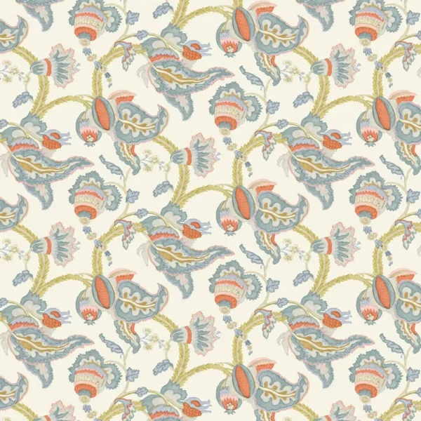 Perdana Fabric - Papaya by blue botanical linen fabric from Linwood Fabrics