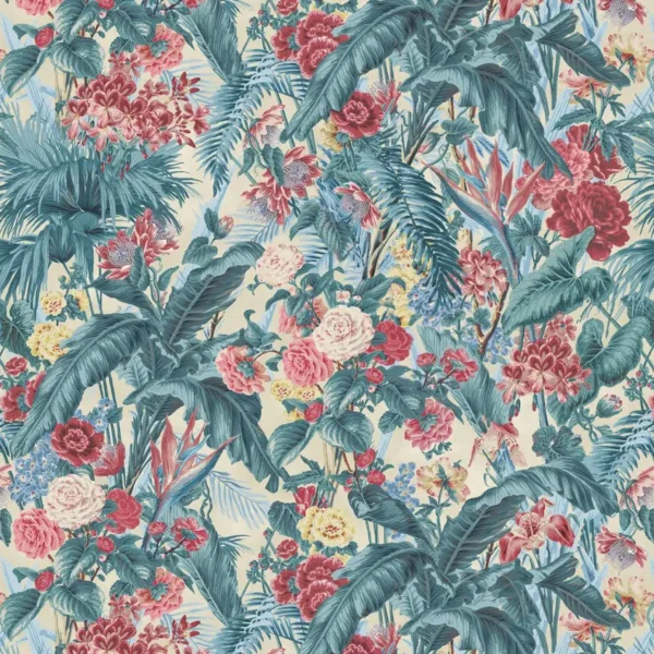 Kahanu Fabric - Rose by blue botanical linen fabric from Linwood Fabrics