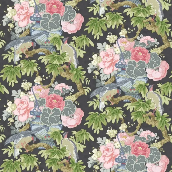 The Royal Garden Fabric - Twilight by green botanical linen fabric from Linwood Fabrics