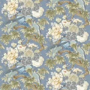 blue botanical linen fabric from Linwood Fabrics