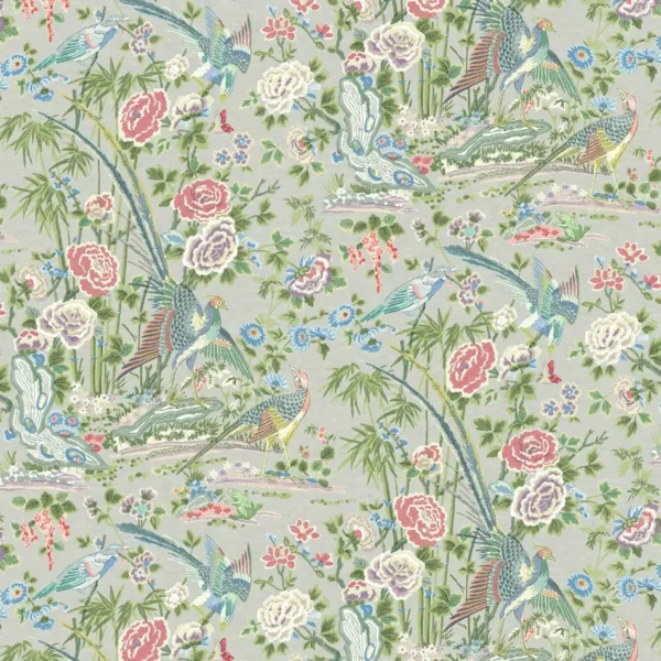 Mandai Fabric - French Grey by multicolour botanical linen fabric from Linwood Fabrics