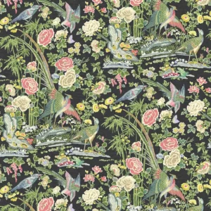black-grey botanical linen fabric from Linwood Fabrics