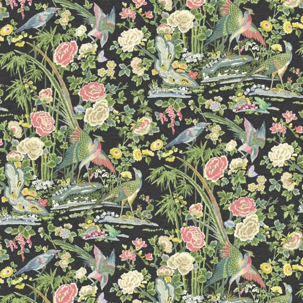 Mandai Fabric - Bloom by black-grey botanical linen fabric from Linwood Fabrics