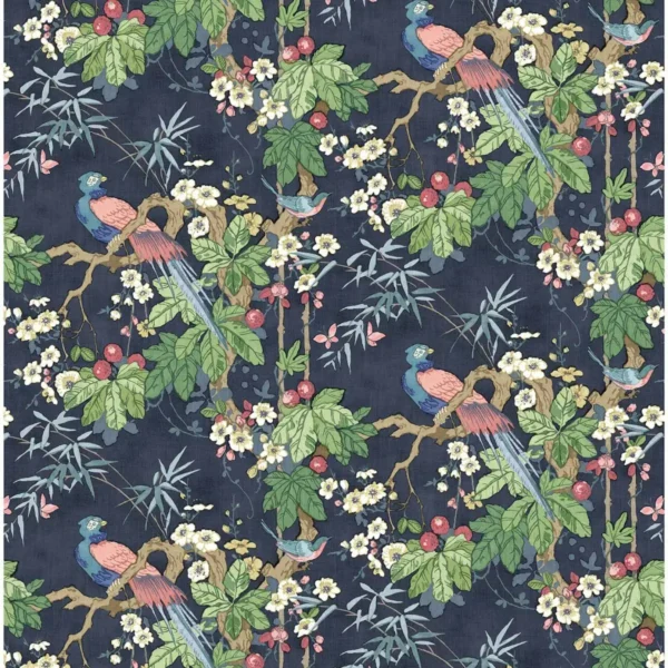 Miji Fabric - Navy by blue botanical linen fabric from Linwood Fabrics