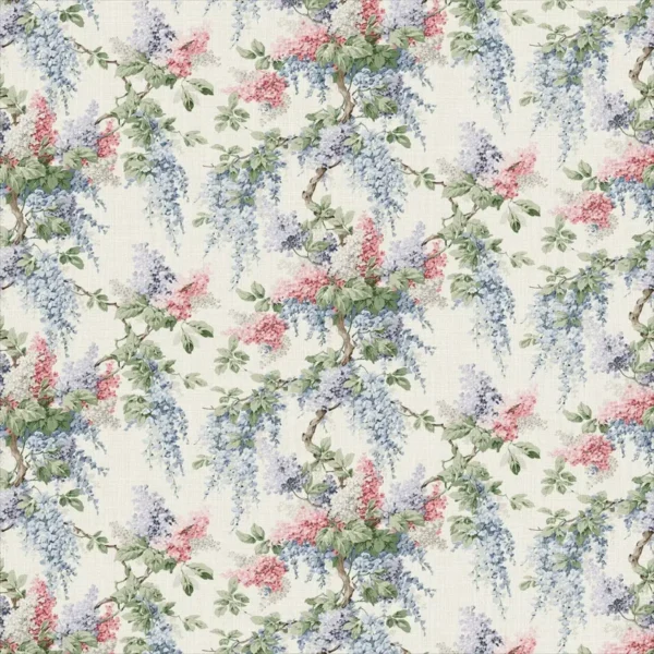 Vita Fabric - Pink Blue by blue botanical linen fabric from Linwood Fabrics