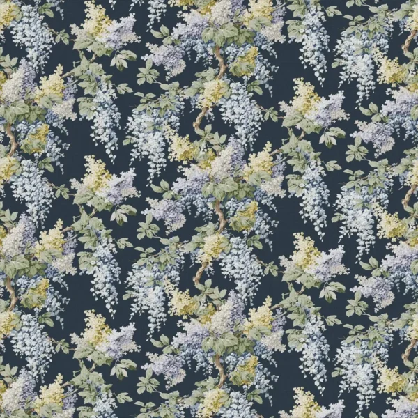 Vita Fabric - Midnight by blue botanical linen fabric from Linwood Fabrics