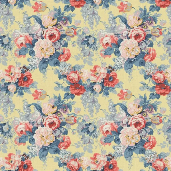 Albertine Fabric - Lemon Yellow by multicolour botanical linen fabric from Linwood Fabrics