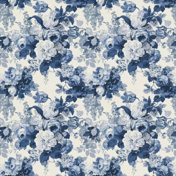 Albertine Fabric - Classic Blue by blue botanical linen fabric from Linwood Fabrics