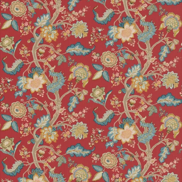 Kitty Fabric - Classic Red by multicolour botanical linen fabric from Linwood Fabrics