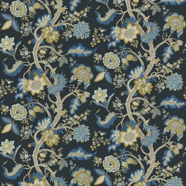 Kitty Fabric - Night Garden by black-grey botanical linen fabric from Linwood Fabrics