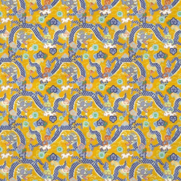 Double Dragon Fabric - Yellow by blue traditional velvet-chenille fabric from Linwood Fabrics