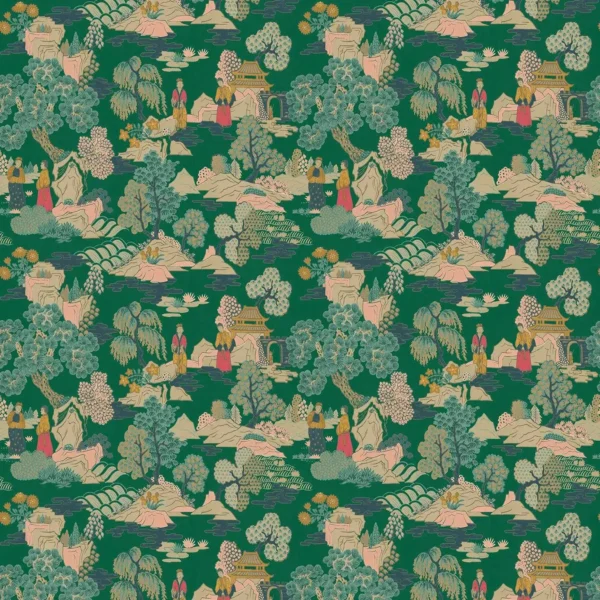 Japanese Garden Fabric - Jade by green botanical velvet-chenille fabric from Linwood Fabrics