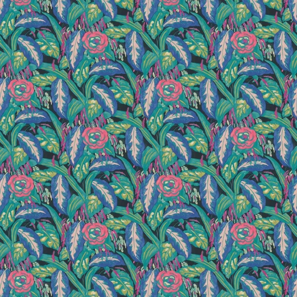 blue botanical velvet-chenille fabric from Linwood Fabrics