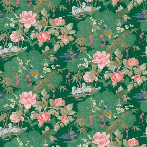 On the River Fabric - Emerald by green botanical velvet-chenille fabric from Linwood Fabrics