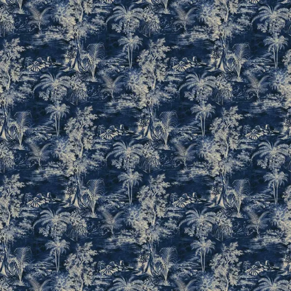 Heat of the Night Fabric - Indigo by blue botanical velvet-chenille fabric from Linwood Fabrics