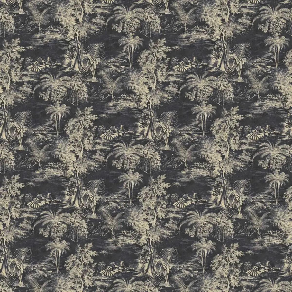 Heat of the Night Fabric - Slate by black-grey botanical velvet-chenille fabric from Linwood Fabrics