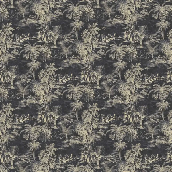 Heat of the Night Fabric - Slate by black-grey botanical velvet-chenille fabric from Linwood Fabrics