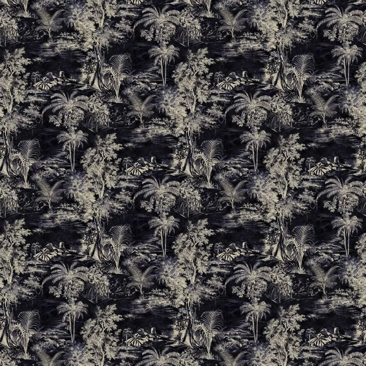 Heat of the Night Fabric - Onyx by black-grey botanical velvet-chenille fabric from Linwood Fabrics