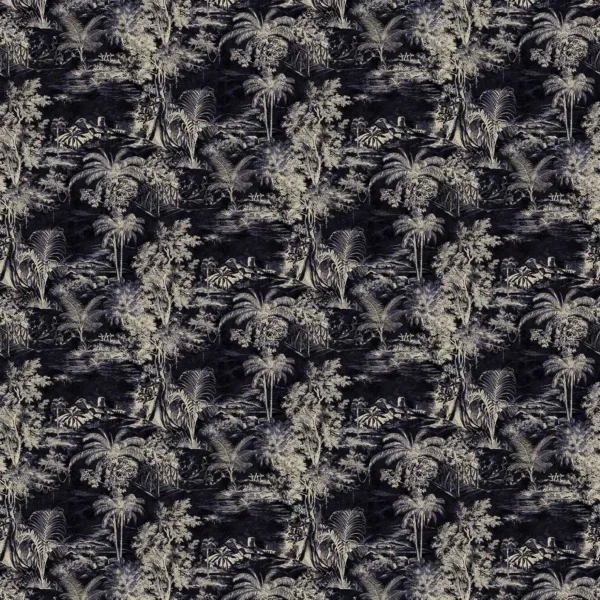 Heat of the Night Fabric - Onyx by black-grey botanical velvet-chenille fabric from Linwood Fabrics