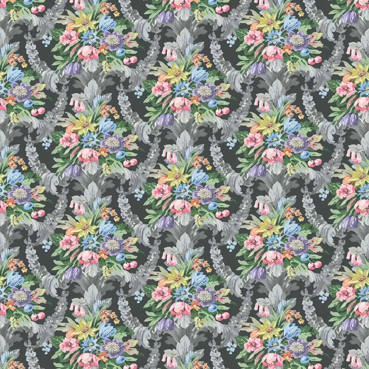 Wakehurst Velvet Fabric - Midnight by black-grey botanical velvet-chenille fabric from Linwood Fabrics