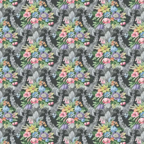 Wakehurst Velvet Fabric - Midnight by black-grey botanical velvet-chenille fabric from Linwood Fabrics