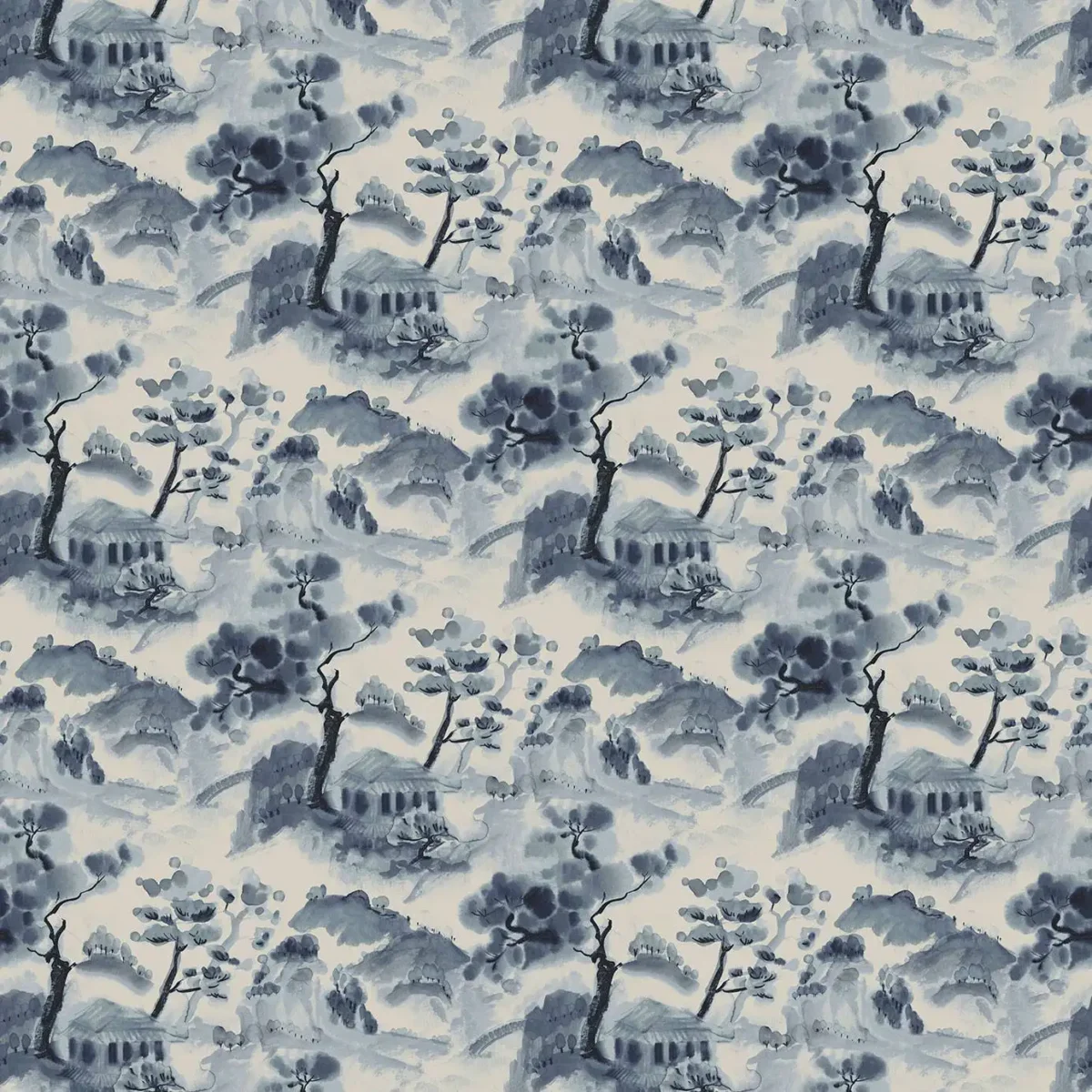 Mountain Retreat Fabric - Ink by blue botanical velvet-chenille fabric from Linwood Fabrics