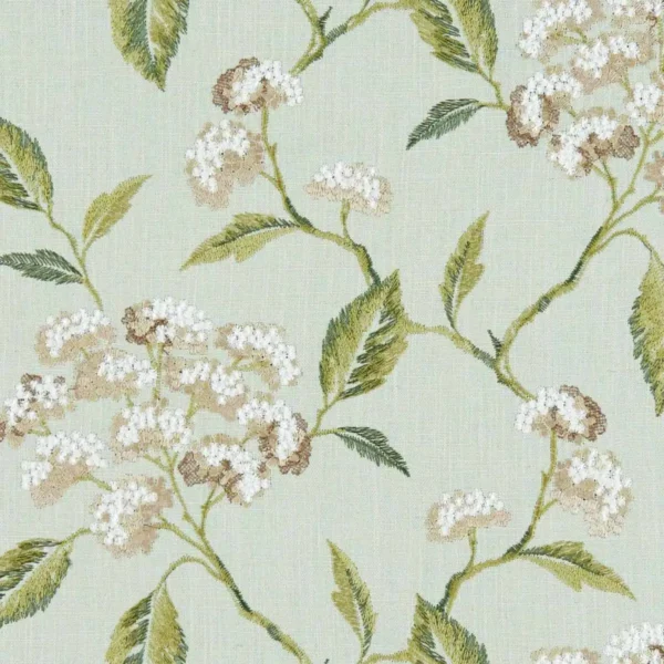 Summerby Fabric - Duckegg by green botanical embroideried fabric from Clarke & Clarke