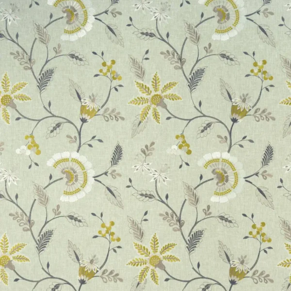 black-grey botanical embroideried fabric from Clarke & Clarke