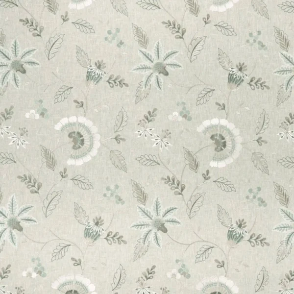 Delamere Fabric - Duckegg by black-grey botanical embroideried fabric from Clarke & Clarke