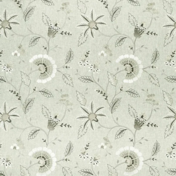 Delamere Fabric - Natural by black-grey botanical embroideried fabric from Clarke & Clarke