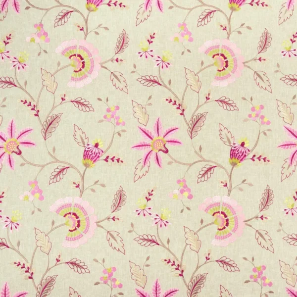 Delamere Fabric - Raspberry by multicolour botanical embroideried fabric from Clarke & Clarke