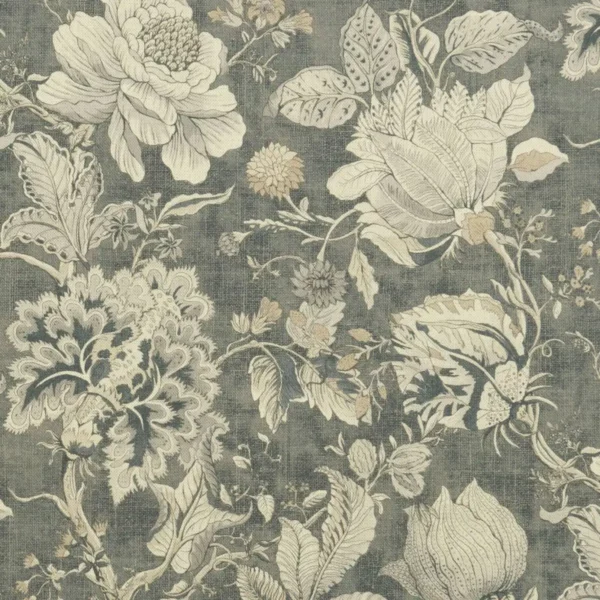 Sissinghurst Fabric - Charcoal by black-grey botanical jacquard fabric from Clarke & Clarke