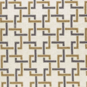 neutral geometric embroideried fabric from Clarke & Clarke